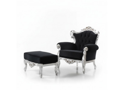Fauteuil + Poef Bekledde Fauteuil Ontwerp Luxe Massief hout Klassiek Barok Rococo Set