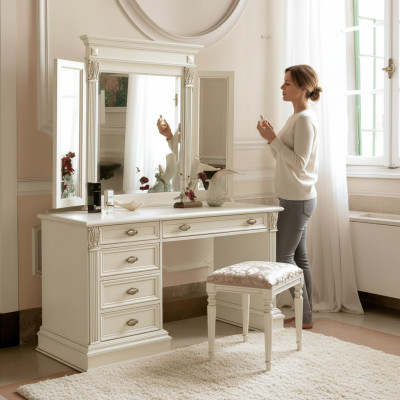 Kaptafel Spiegel Kruk Compleet Commode Set Slaapkamer Nieuw 3-delig.