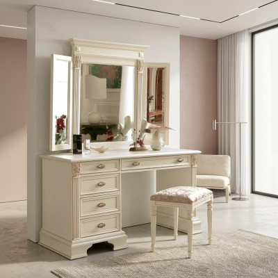 Kaptafel Spiegel Kruk Compleet Commode Set Slaapkamer Nieuw 3-delig.