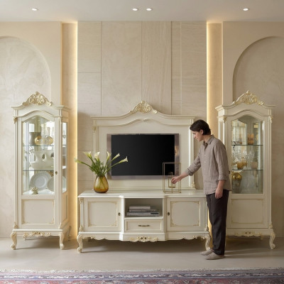 Woonkamer wandkast vitrine dressoir RTV plank muren kast 4-delige massief houten.