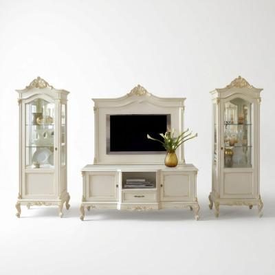 Woonkamer wandkast vitrine dressoir RTV plank muren kast 4-delige massief houten.