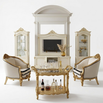 Klassieke woonkamer vitrinekast, dressoir tv-meubel wandkast 3-delige massief houten kast.