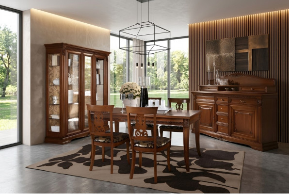 Eetkamer compleet tafel dressoir 4x stoel set vitrine barok massief hout