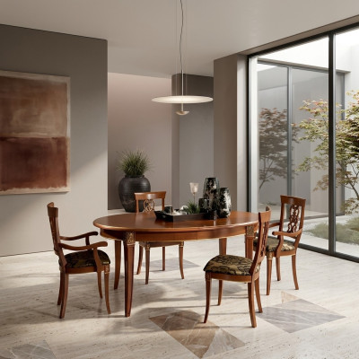 Klassieke eetkamerset Ovale tafel 4 stoelen Fauteuil Groep Garnituur Set Nieuw Massief hout