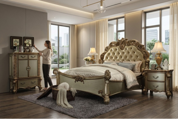 Ontwerp luxe slaapkamer set inclusief bed, 2 nachtkastjes, decoratie en commode.