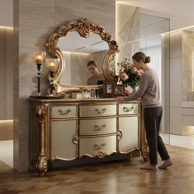 Buffet Dressoir Commode Spiegel Echt Handwerk Hout Klassiek Barok Rococo