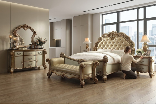 Klassiek bed in barok Chesterfield rococo stijl dubbel lederen hotel antiek.