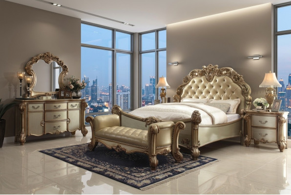 Klassiek bed in barok Chesterfield rococo stijl dubbel lederen hotel antiek.