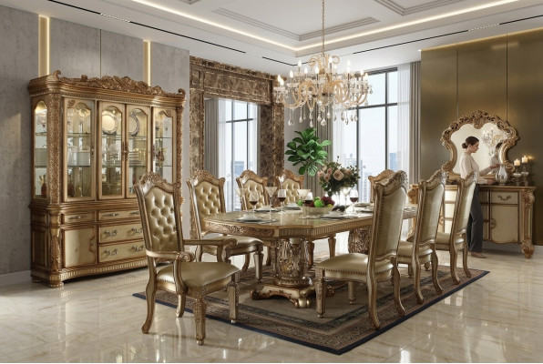 Gouden eetkamerset Luxueuze eettafel met stoelen Designerdressoir