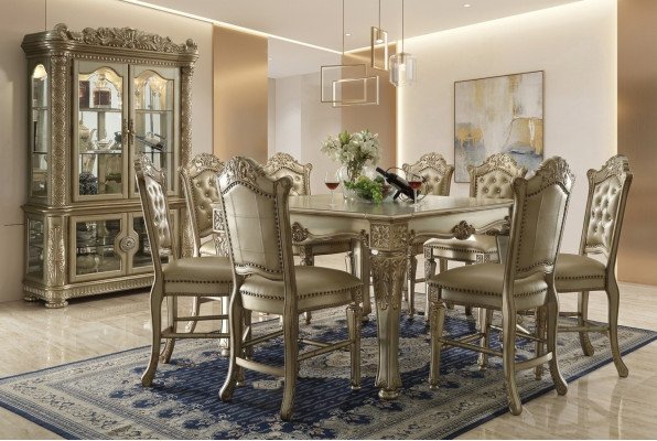Gouden eetkamerset, ontwerpeettafel met x8 stoelen, eetkamermeubilair 9-delig.