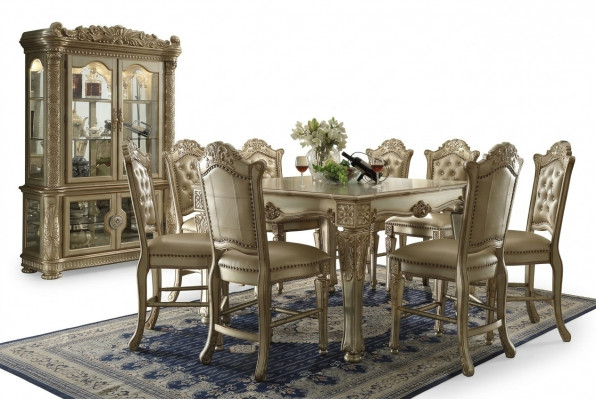 Gouden eetkamerset, ontwerpeettafel met x8 stoelen, eetkamermeubilair 9-delig.