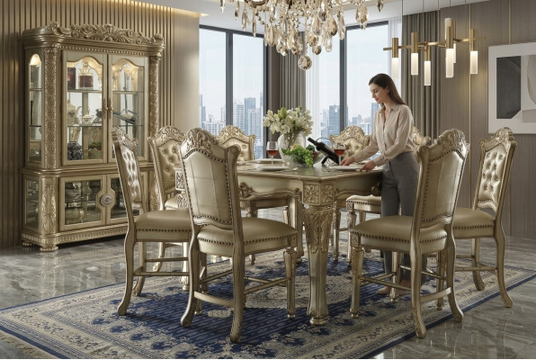 Klassieke Gouden Eetkamerset Rechthoekige eettafel 8x Chesterfield stoelen Vitrine 10-delig