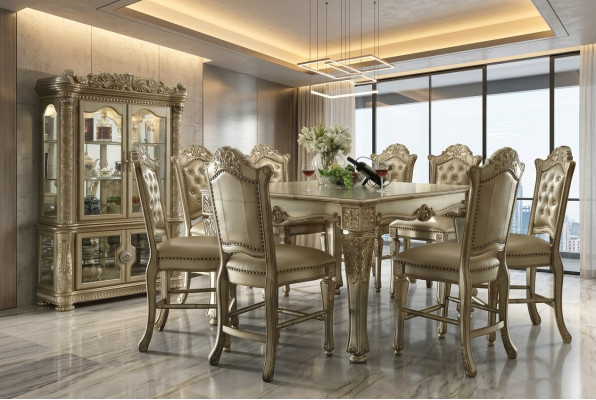Klassieke Gouden Eetkamerset Rechthoekige eettafel 8x Chesterfield stoelen Vitrine 10-delig
