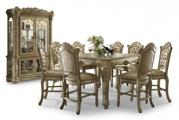 Klassieke Gouden Eetkamerset Rechthoekige eettafel 8x Chesterfield stoelen Vitrine 10-delig