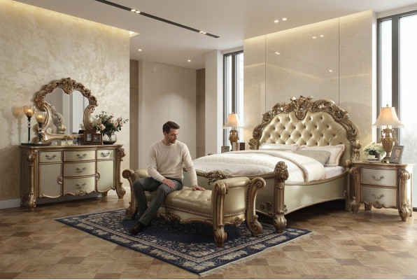 Bed 2x Nightstand 3-piece. Classic bedroom set luxury Baroque Rococo.  Bed 2x Nachtkastje 3-delig. Klassieke slaapkamerset luxe Barok Rococo.