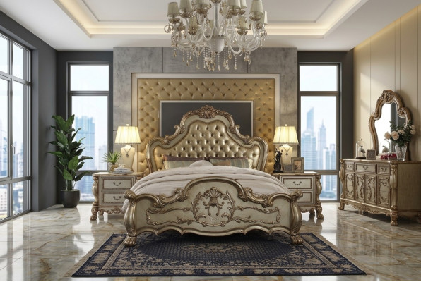 Klassiek bed in barok stijl Chesterfield Rococo Stijl Hotel Dubbel Leer Antiek