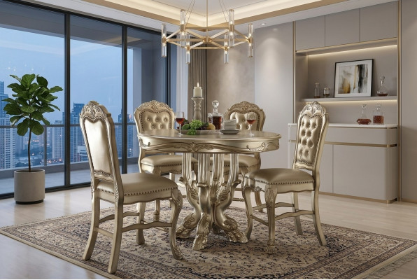 Klassieke gouden ronde eettafel tafel eetkamer Chesterfield x4 stoelen 5-delige set.