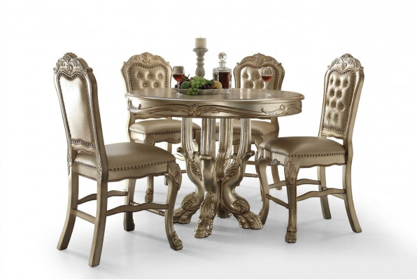 Klassieke gouden ronde eettafel tafel eetkamer Chesterfield x4 stoelen 5-delige set.