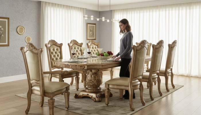 Complete beige eetkamerset Luxueuze eettafel met leren stoelen.