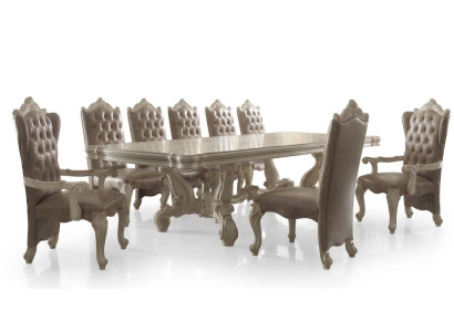 Klassieke eetkamerset in oud wit. Grote eettafel met Chesterfield stoelen.