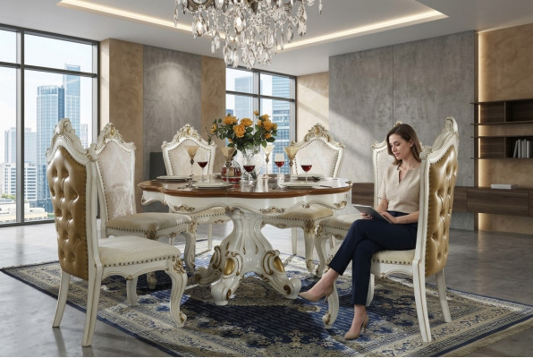 Ronde eettafel van rundhout, klassieke ronde tafels in rococo-barokstijl.