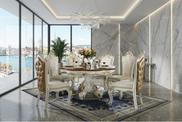 Ronde eettafel van rundhout, klassieke ronde tafels in rococo-barokstijl.