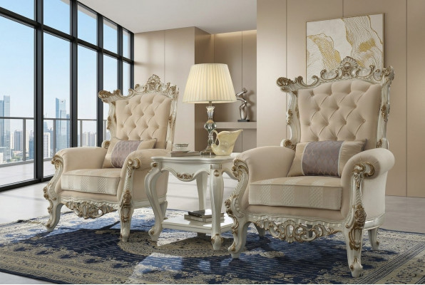 Troonstoel Koninklijke fauteuil 1-zits antieke stijl stoelen Beige hout Barok