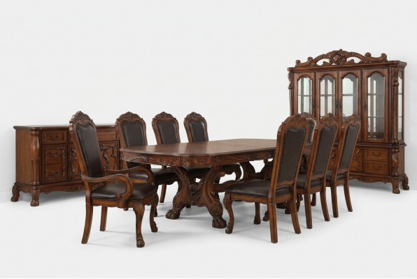 Eetkamerset tafel 6 armstoelen dressoir ladekast set vitrine