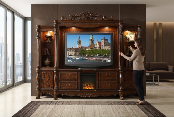 Wandmeubel TV muur Houten stijl Barok plank Klassieke woonkamer meubels
