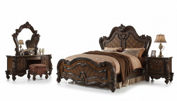 Slaapkamer nachtkastjes set bed 5-delig. Rococo barok antieke stijl houten bed