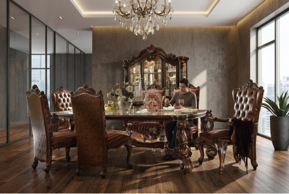 Bruine klassieke houten eettafel + Chesterfield x6 stoelen eetkamerset 7-delig set.