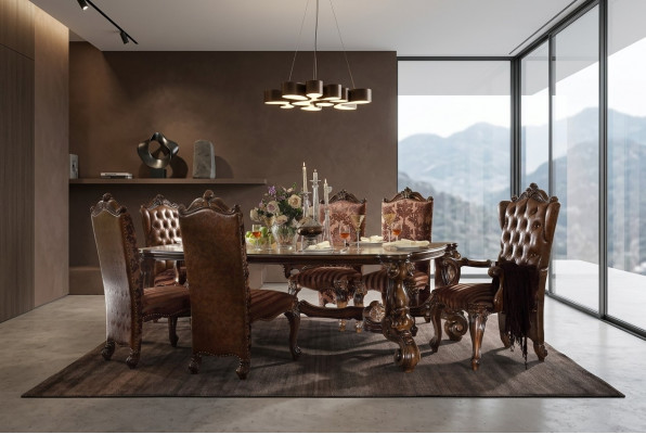 Bruine klassieke houten eettafel + Chesterfield x6 stoelen eetkamerset 7-delig set.