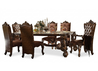 Bruine klassieke houten eettafel + Chesterfield x6 stoelen eetkamerset 7-delig set.
