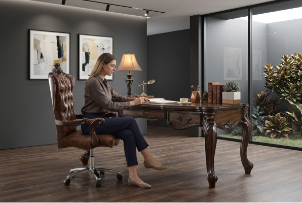 Chefsessel Stoel Klassieke Stoel Kantoor Bureaustoel Leer Hout Barok