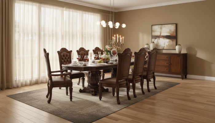Luxe barokstijl eetkamerset met designer eettafel en bruine Chesterfield stoelen.