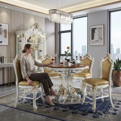 Ronde eetkamer + 4 stoelen Stoel decoratie set Garnituur Ronde eettafel Houten meubels.
