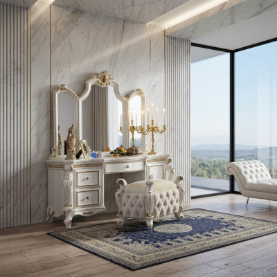 Uitgesneden barok meubelen kaptafel kruk decoratieve spiegel slaapkamer.