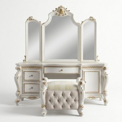 Uitgesneden barok meubelen kaptafel kruk decoratieve spiegel slaapkamer.