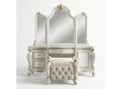 Uitgesneden barok meubelen kaptafel kruk decoratieve spiegel slaapkamer.