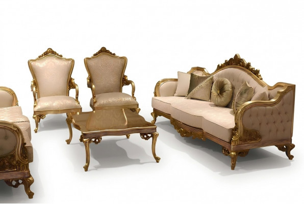 Klassiek bankstel 3-zitsbank bankstel houten fauteuil textiel compleet nieuw