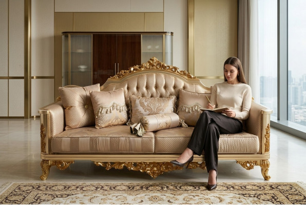 Chesterfield Bankstel Set 3+1+1 Groep Complete Set Fauteuil Bank Goud Textiel Garnituur