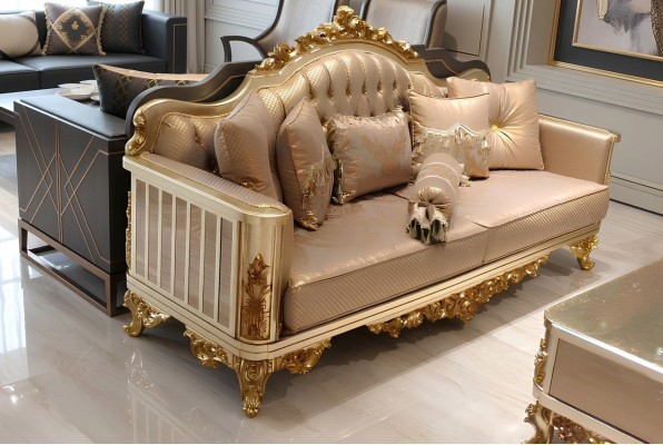 Chesterfield Bankstel Set 3+1+1 Groep Complete Set Fauteuil Bank Goud Textiel Garnituur