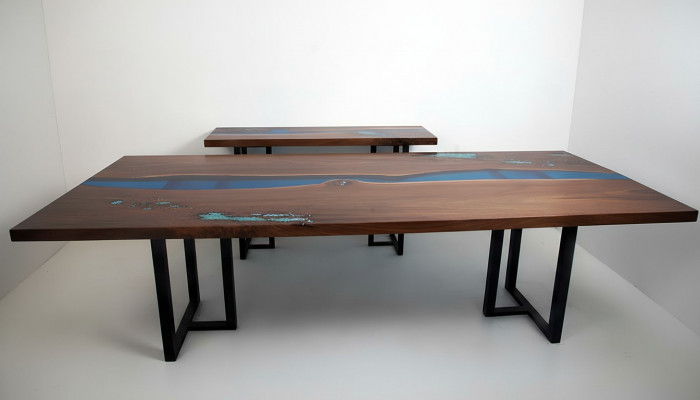 Eettafel River Table Echt hout Massief Epoxyhars Tafels 260x100 Nieuw