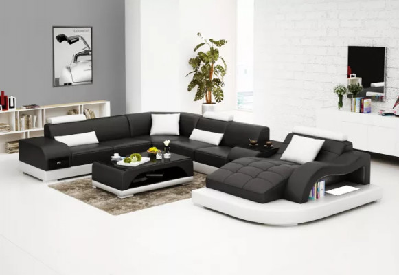 Hoekbank U-vorm Fauteuil Salontafel Moderne Bank Leren Bank Hoekbank Bekleding 2-dlg Set