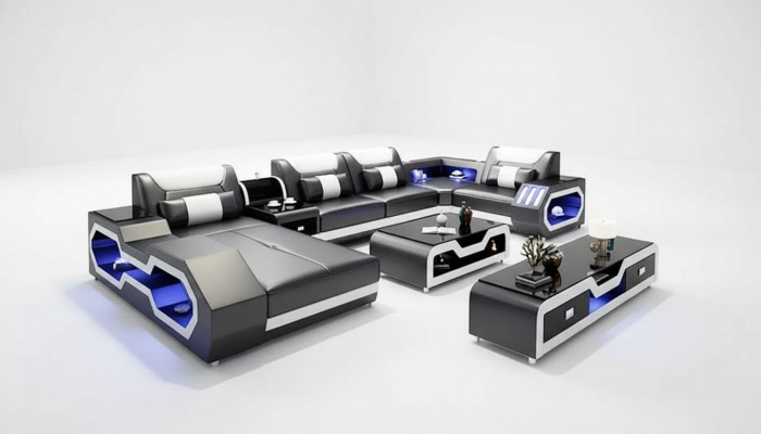 Hoekbank U-vorm Salontafel Dressoir Leren bank Woonlandschap Designer Sofaset