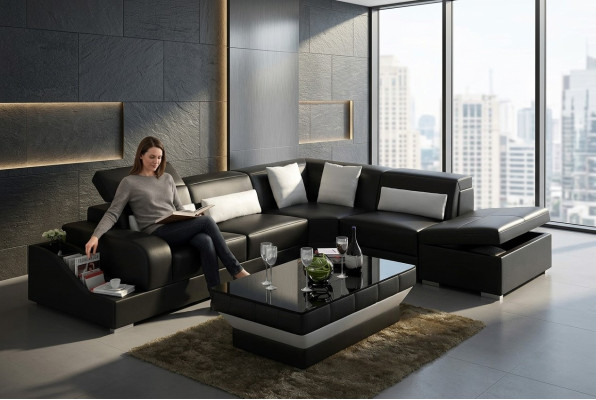 Ontwerp Moderne hoekbank L-vormige bank Woonkamer lederen bekleding Bank Bank