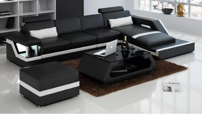 Leren hoekbank L-vorm Salontafel Puff Woonlandschap Moderne bank 3 delig nieuw Leer hoekbank L-vorm Salontafel Poef Woonsfeer Moderne bank 3-delig nieuw