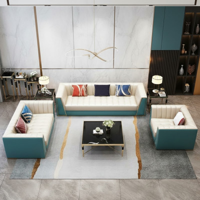 Leren bank Bank Bank Bekleding 321-zitsbank Salontafel 2x Bijzettafel 6-delig Nieuw