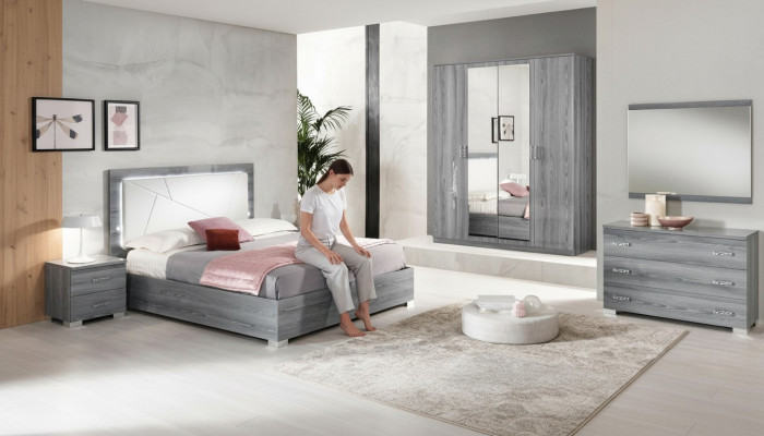 Slaapkamer set Bed 2x nachtkastje Commode Spiegel Kledingkast 6-delig meubel
