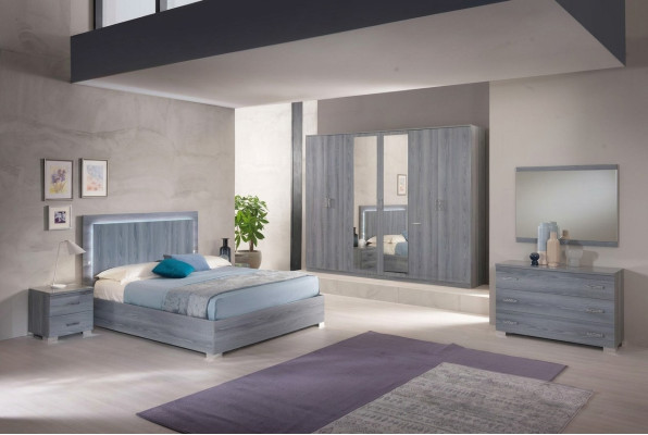 Meubelslaapkamerset Bed 2x Nachtkastje Commode Spiegel Kledingkast 6-delig.